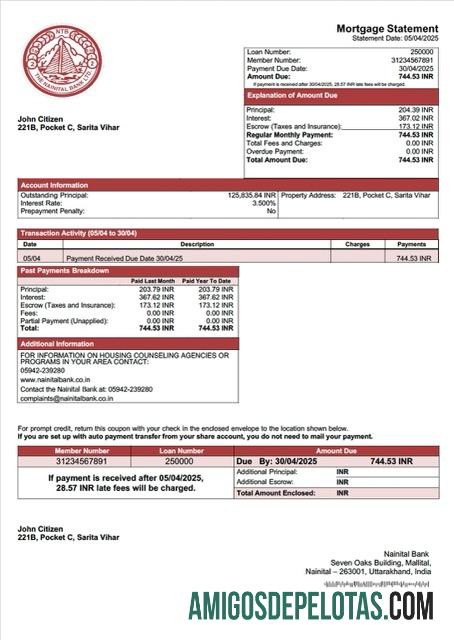 para download Modelo Word e PDF de extrato de hipoteca do Banco Nainital da Índia